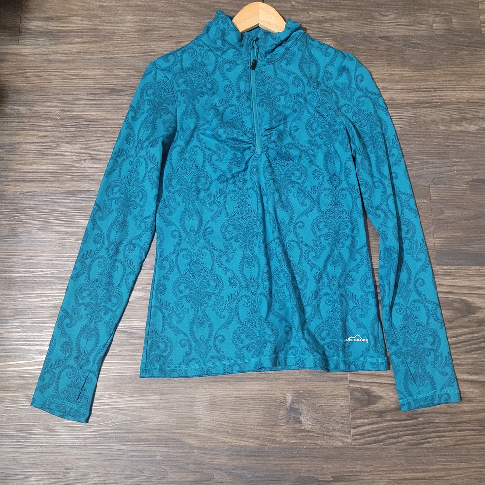 Eddie Bauer Turquoise Long Sleeve Athletic Pullover Zip Top M Thumb holes